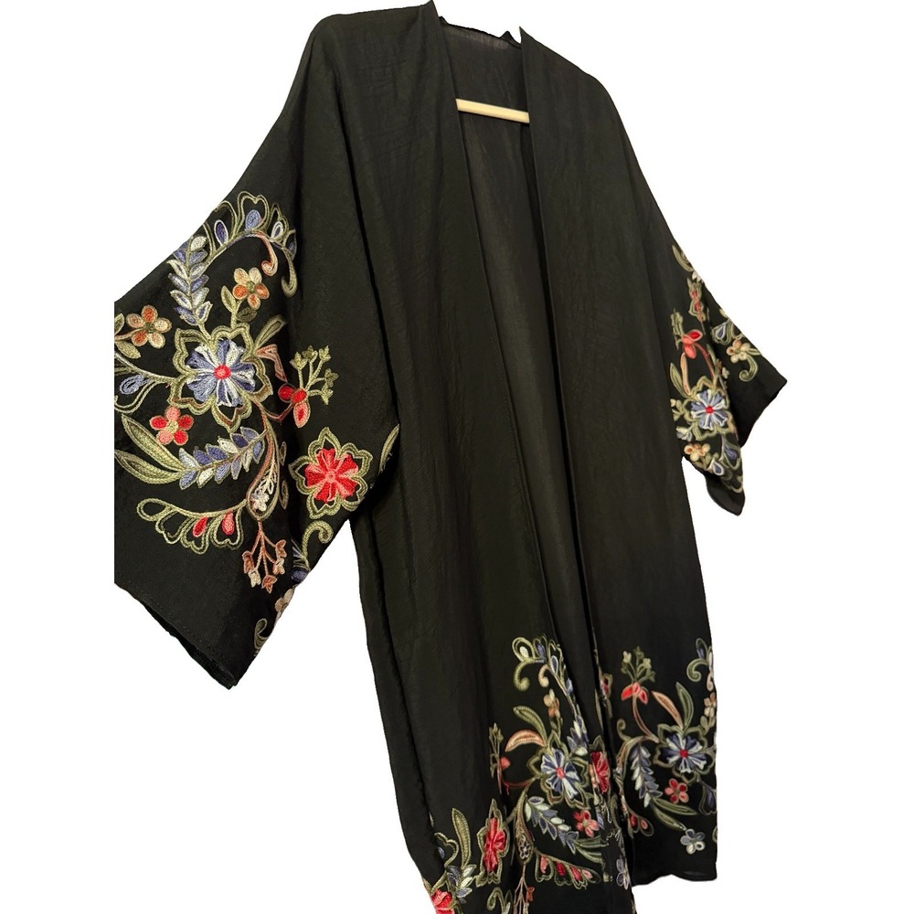 Three Bird Nest Embroidered Kimono Jacket L XL Floral Gauze Duster Whimsigoth
